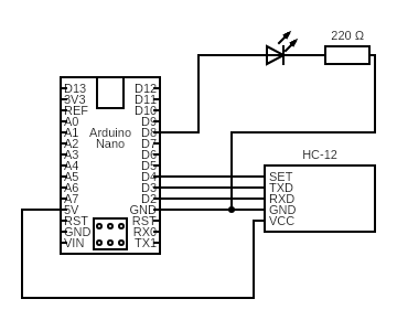Circuit diagram for connecting the arduuino and LED to the HC-12