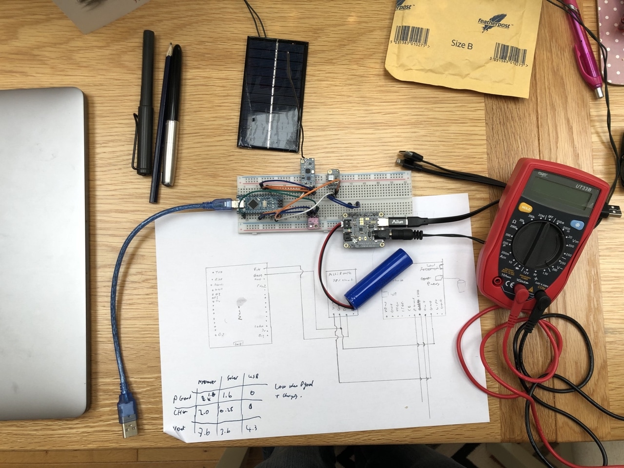 Arduino hooked up to a solar charger and battery